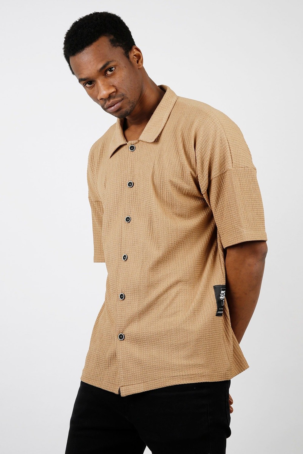 XHAN Men's Beige Loose Short Sleeve Shirt 1x2-44733-25