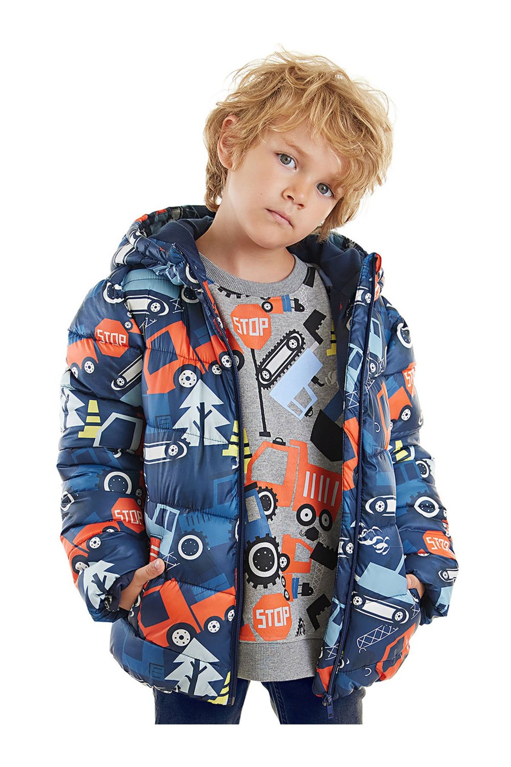 Denokids Cars Boys Water Repellent Hooded Inflatable Coat Navy Blue.