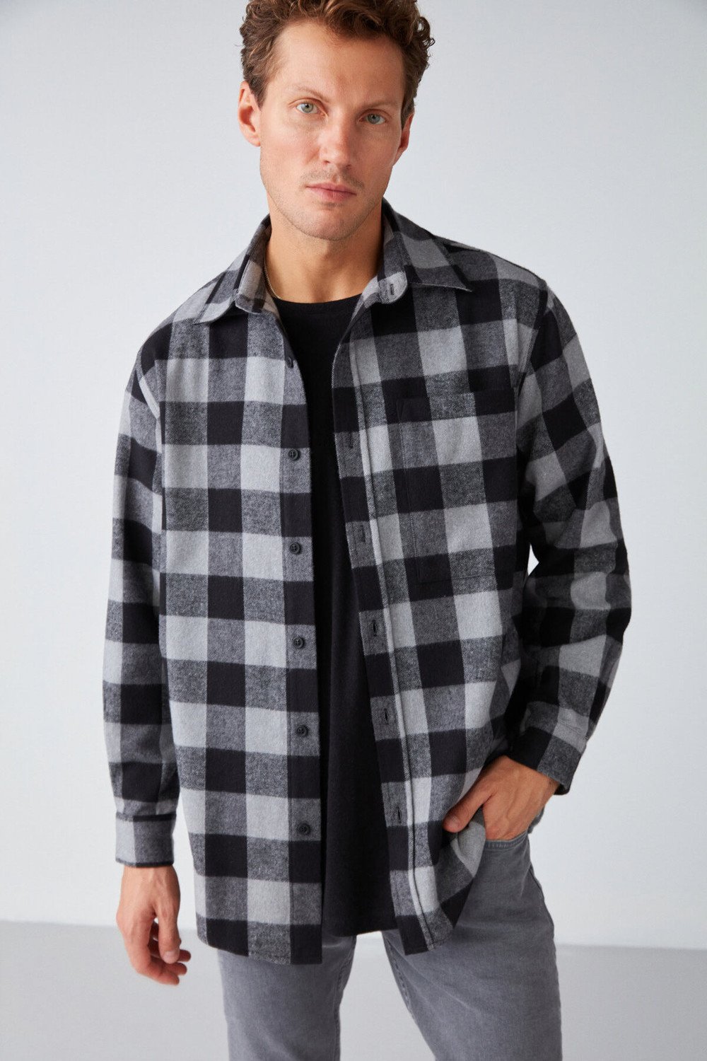 GRIMELANGE Cullen Men's Lumberjack Shirt Thick Textured Fleece Top And Soft Plaid Jacket Shir