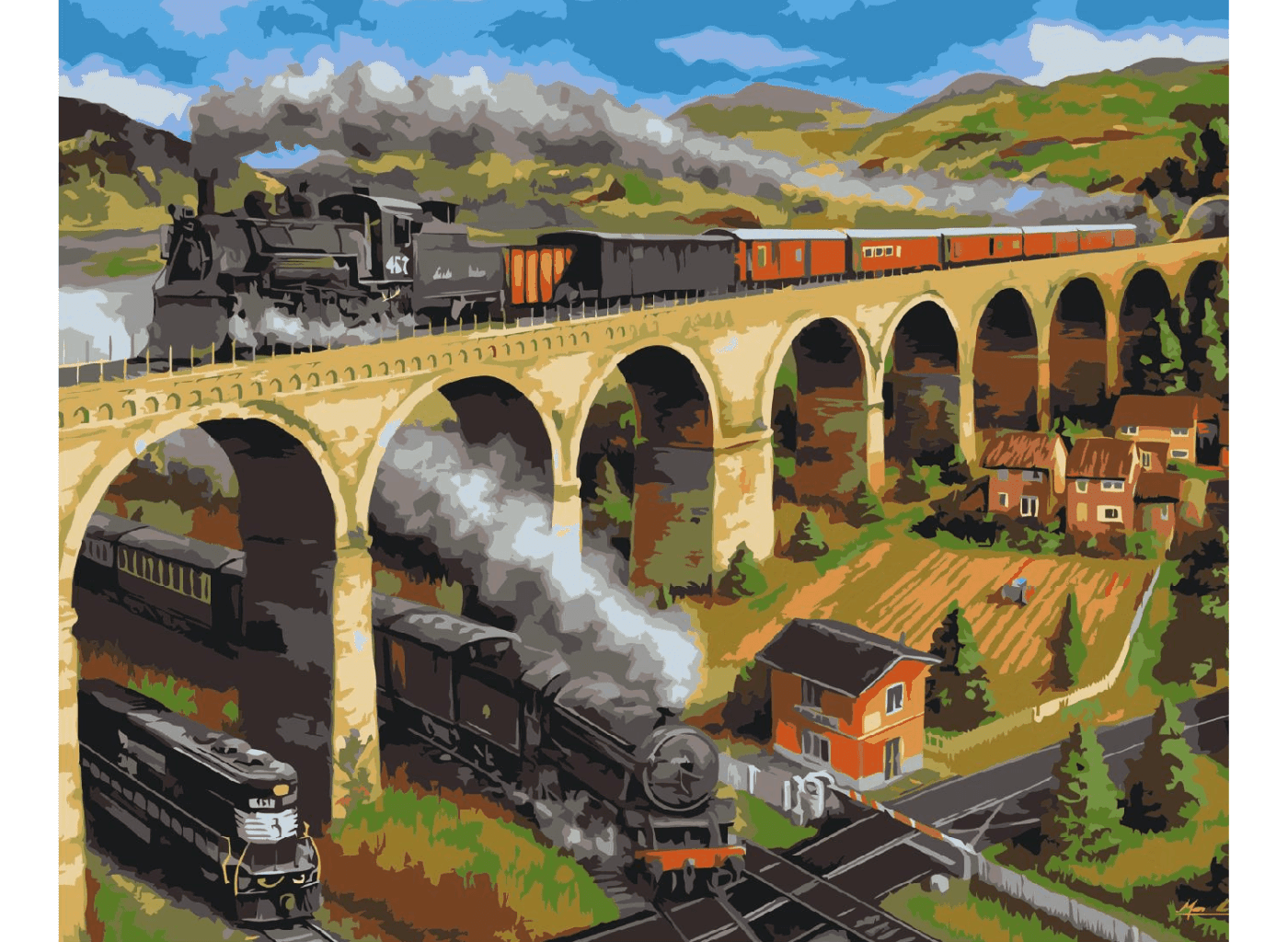 MALUJEŠ Malování podle čísel - MARCELLO CORTI - VLAKY Rozměr: 30x40 cm, Rámování: vypnuté plátno na rám