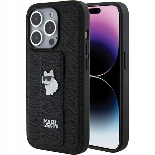 Pouzdro Karl Lagerfeld pro iPhone 15 Pro černé Gripstand Saffiano Choupette Pi