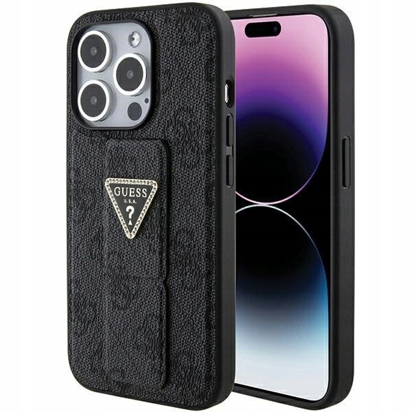 Pouzdro Guess iPhone 15 Pro černo/černé pevné pouzdro Grip Stand 4G Triangle Stras