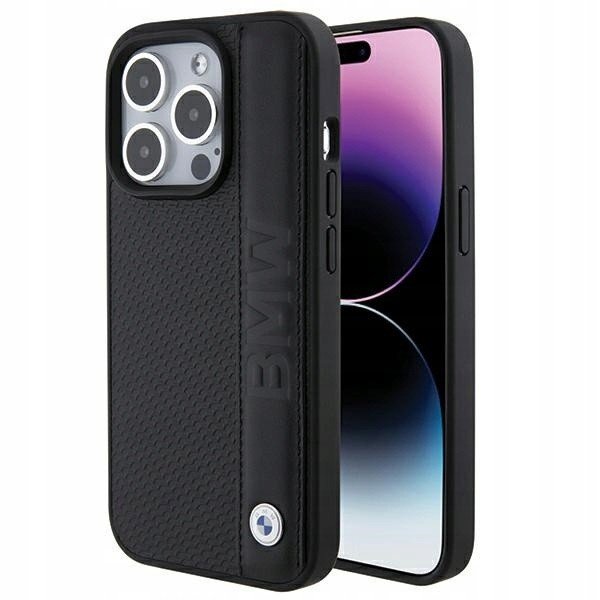 Pouzdro Bmw pro iPhone 15 Pro Max pevné kožené pouzdro s texturou a pruhy černé/