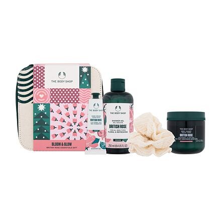 The Body Shop British Rose Bloom & Glow sada sprchový gel Shower Gel British Rose 250 ml + tělový jogurt Body Yogurt British Rose 200 ml + krém na ruce Hand Cream British Rose 30 ml + žínka + kosmetická taštička pro ženy