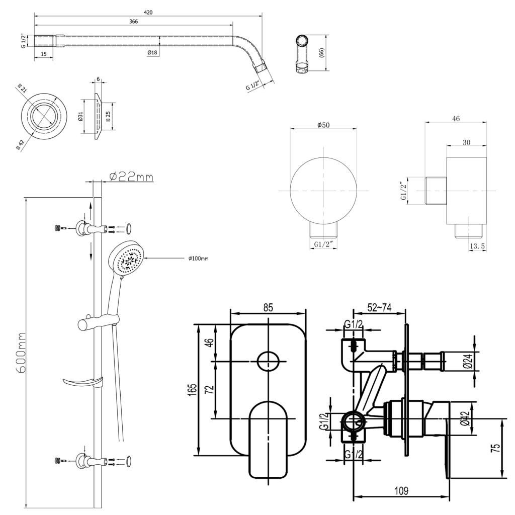 AQUALINE DAPHNE podomítkový sprchový set s pákovou baterií, 2 výstupy, chrom DH944