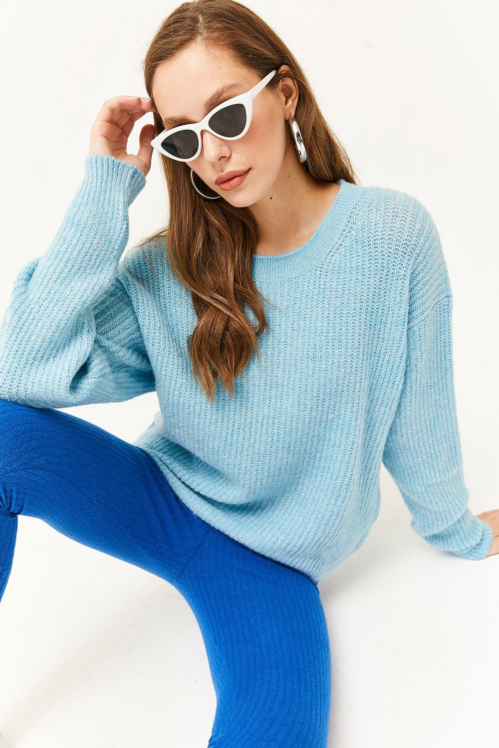 Olalook Women's Baby Blue Crew Neck Soft Textured Knitwear Sweater