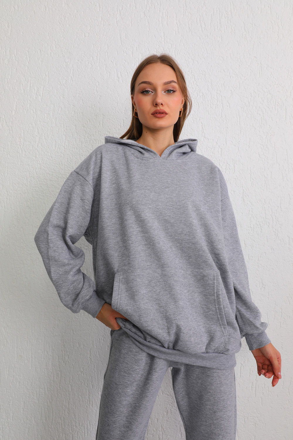 BİKELİFE Women's Gray Oversize Raised Three Thread Hooded Sweatshirt