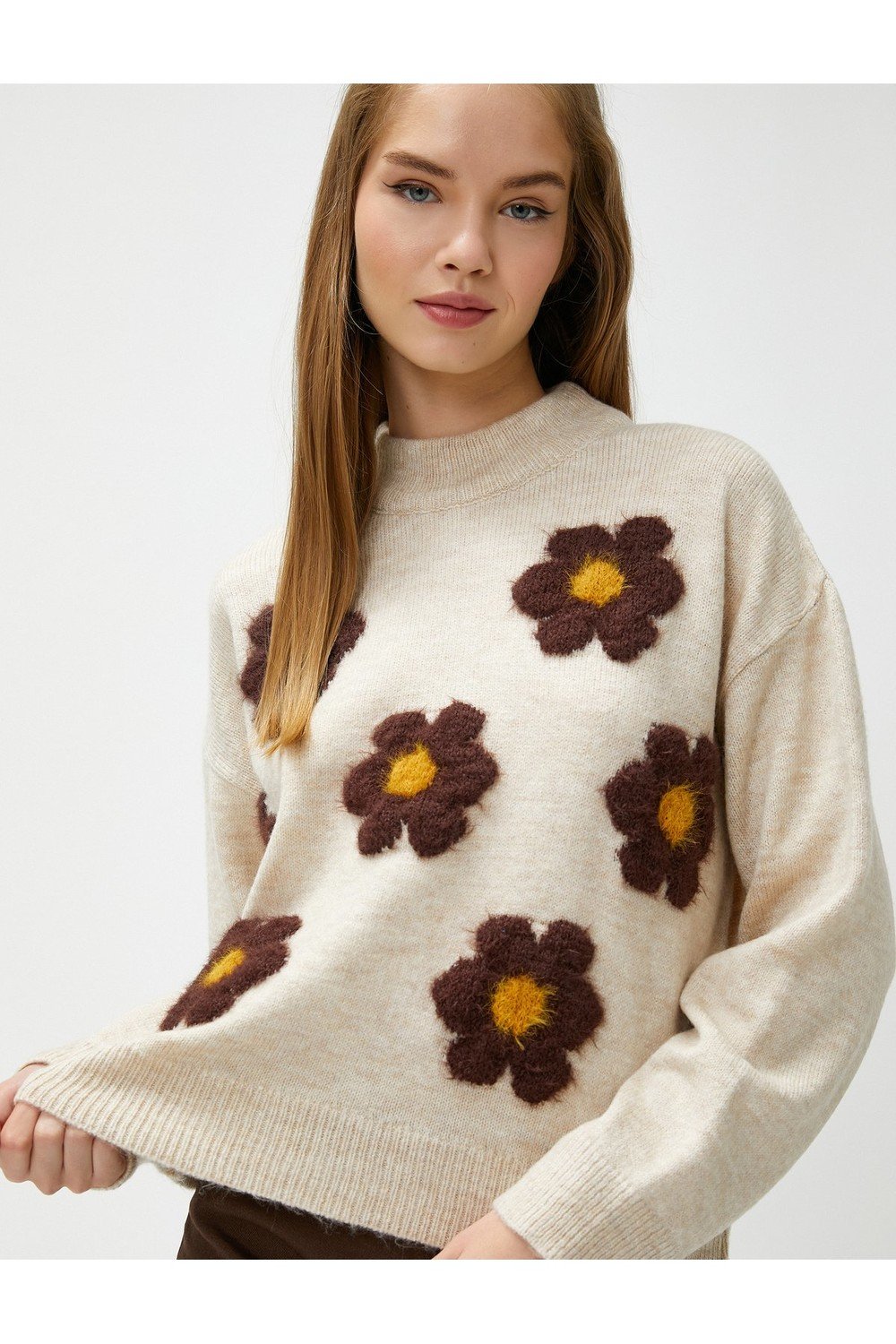 Koton Floral Knitwear Sweater Crew Neck Long Sleeve Ribbed