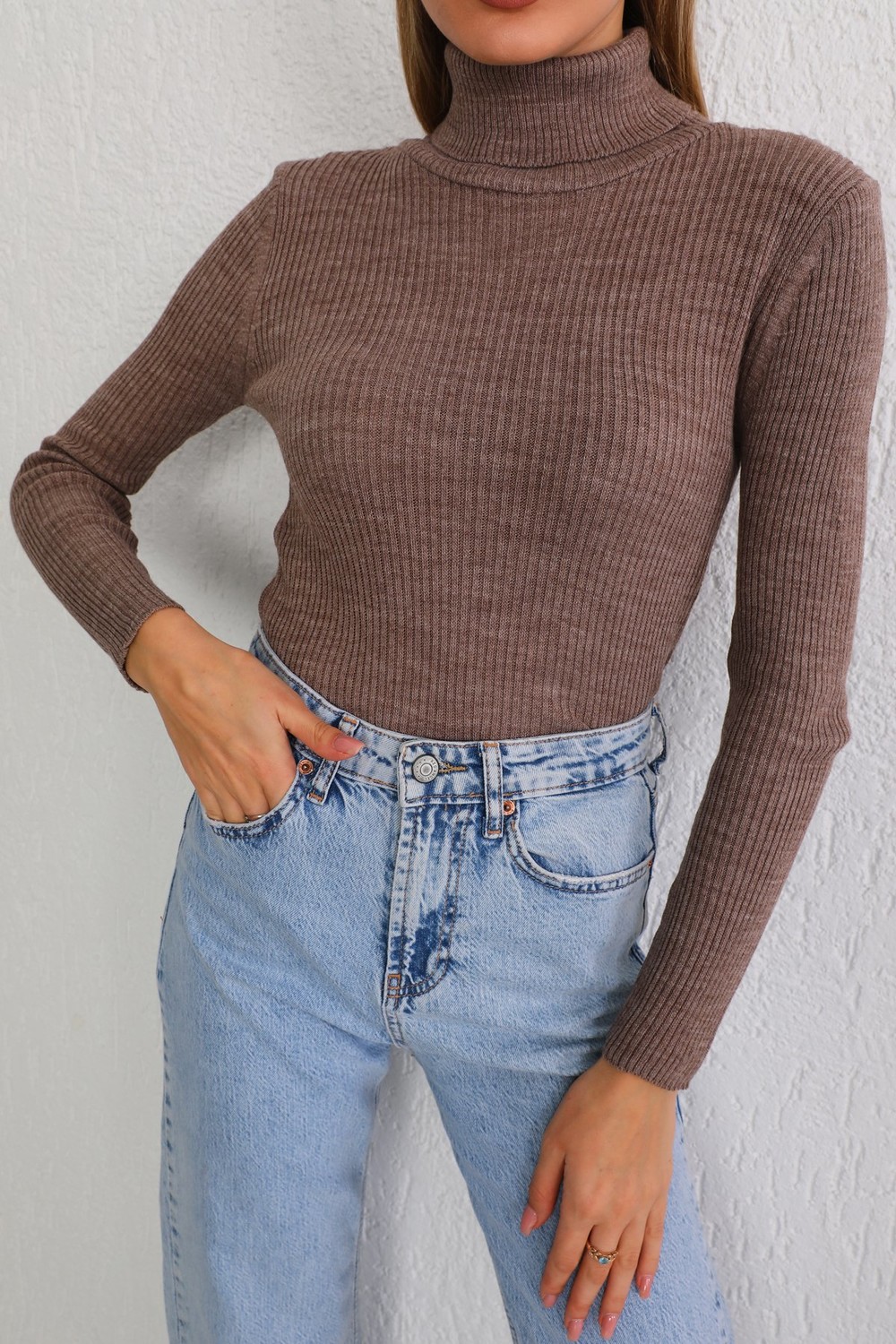 BİKELİFE Women's Mink Lycra Flexible Neck Knitwear Sweater