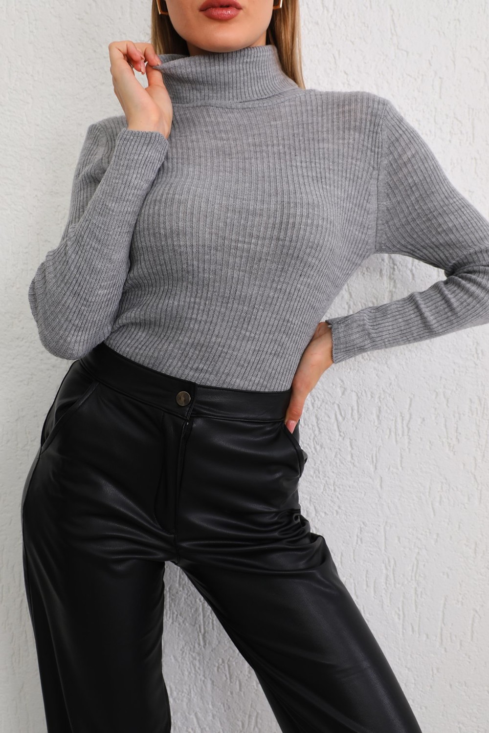 BİKELİFE Women's Gray Lycra Flexible Turtleneck Knitwear Sweater