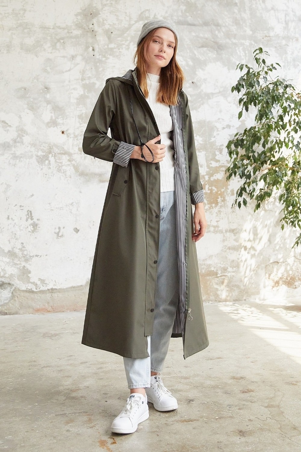 InStyle Lined Patterned Trench Coat - Khaki