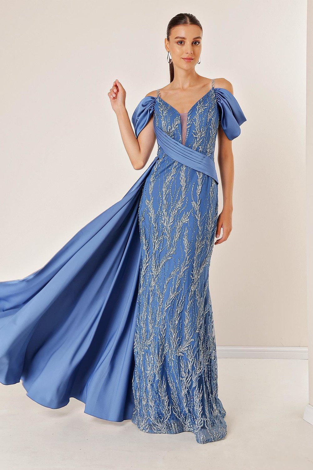 By Saygı Chain Straps Front Back V-Neck Low Sleeve Glittery Flocked Printed Lined Long Mermaid Dress INDIGO