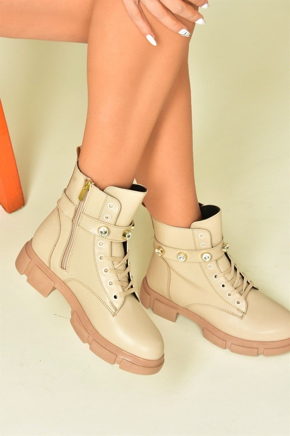 Fox Shoes Nude Stone Detail Women's Daily Boots