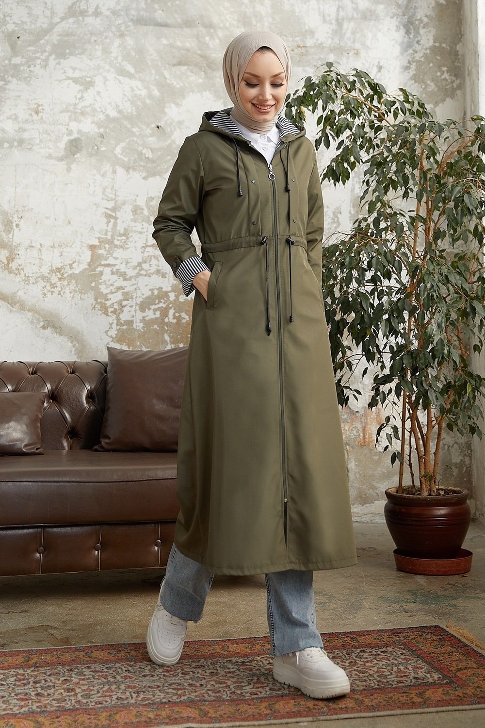 InStyle Highlighted Striped Pattern Long Trench Coat - Khaki
