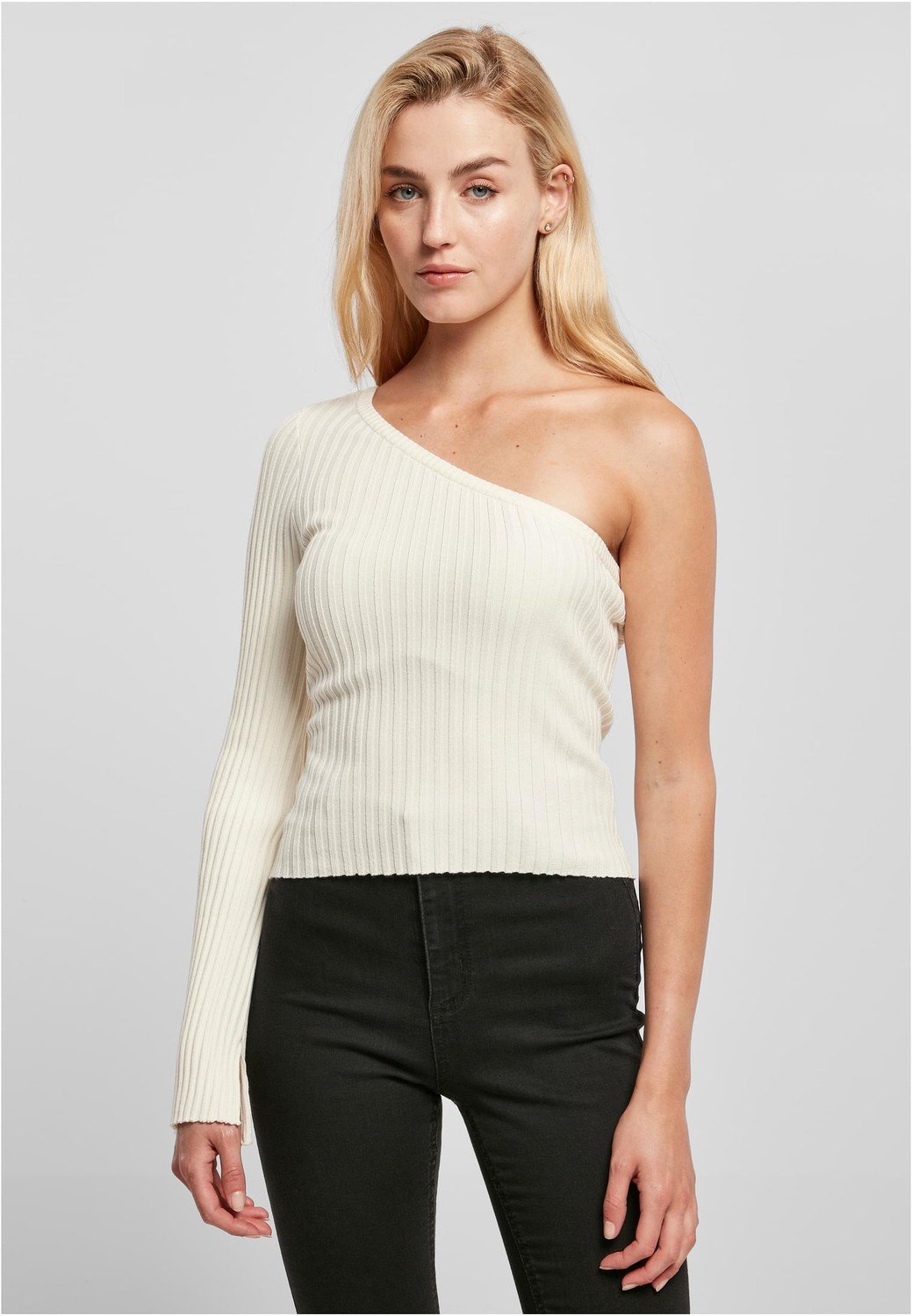 Ladies Short Rib Knit One Sleeve Sweater whitesand
