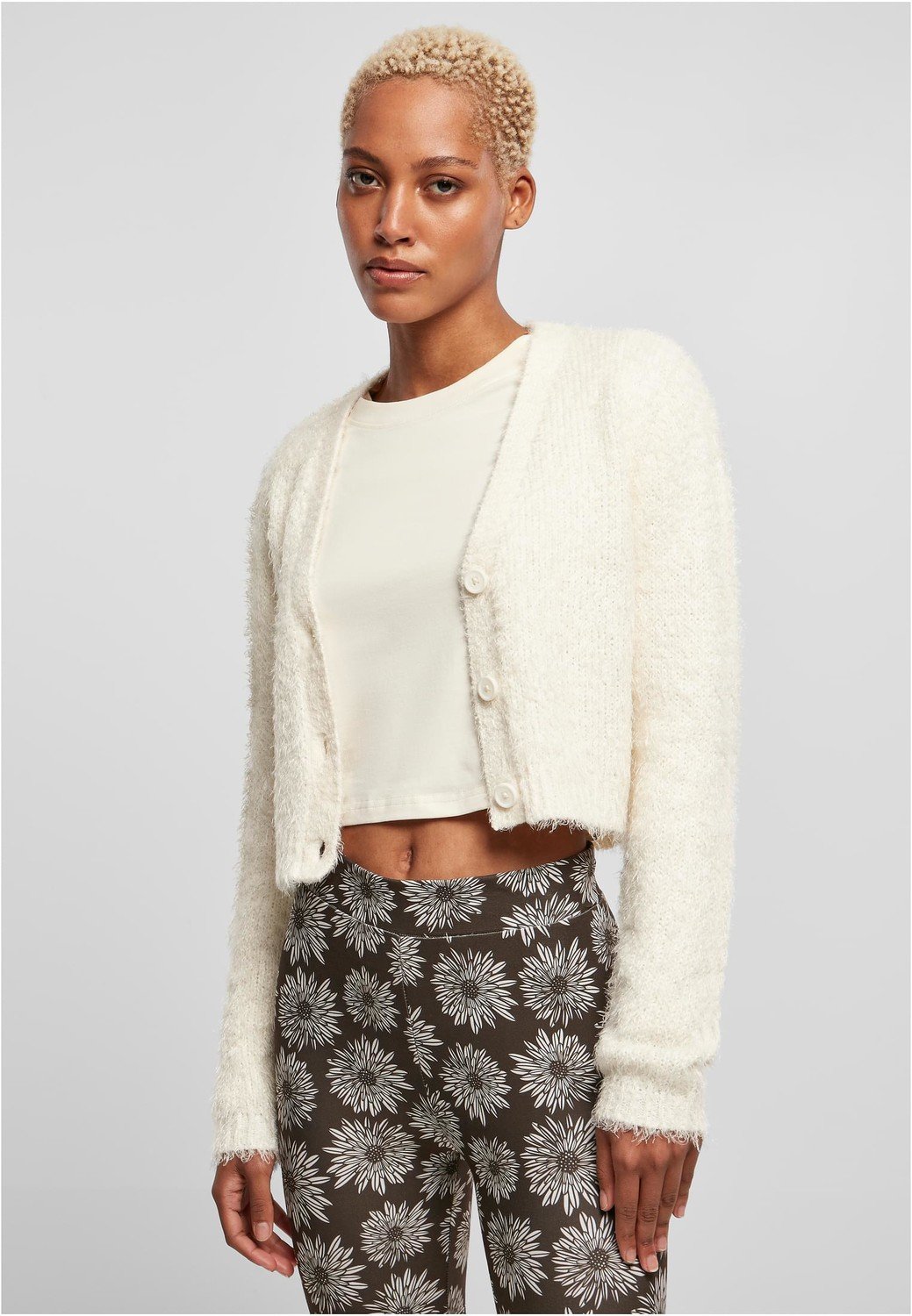 Ladies Cropped Feather Cardigan whitesand