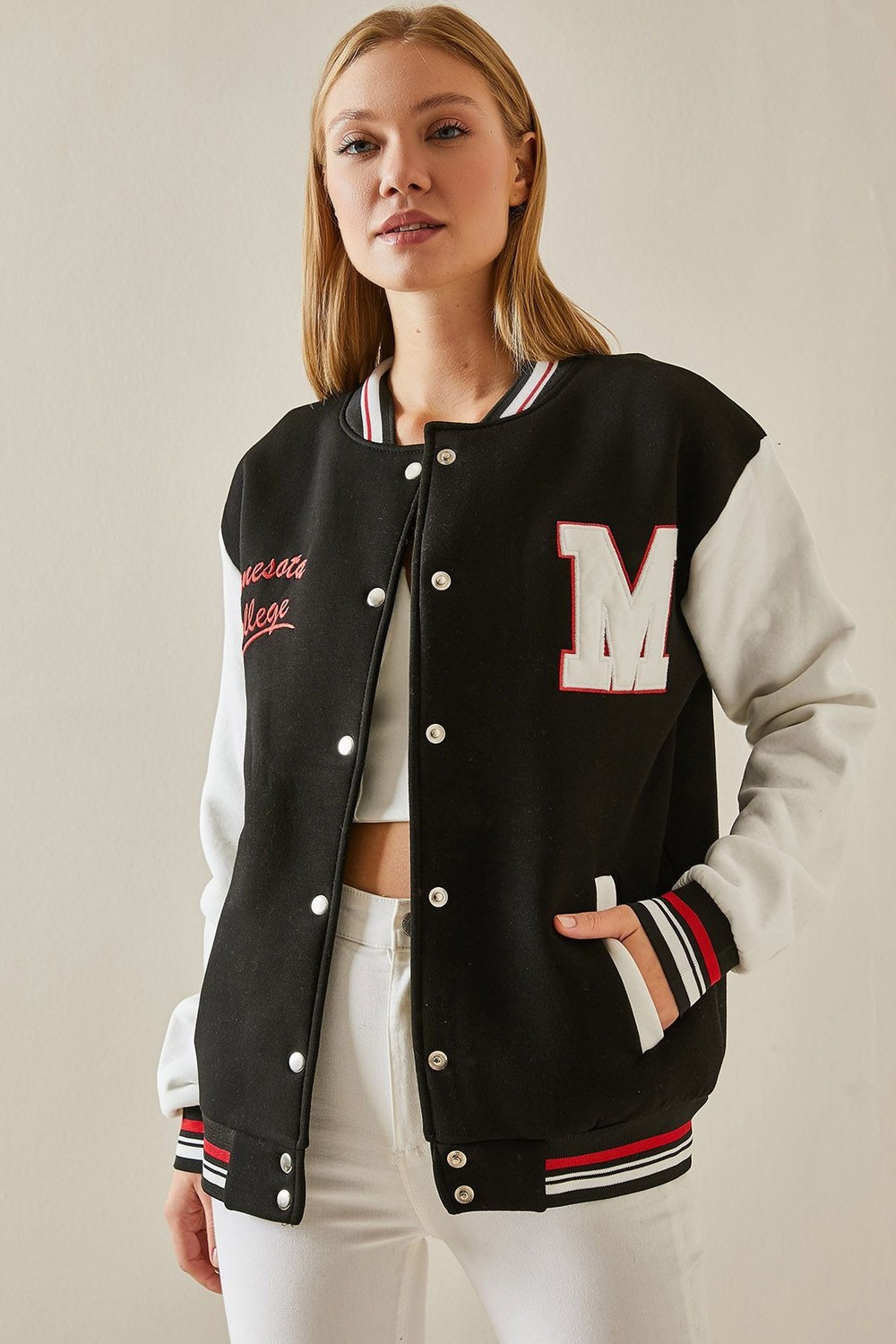 XHAN Black Snap Buttons College Jacket