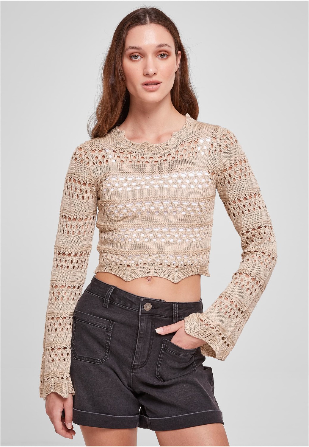 Ladies Cropped Crochet Knit Sweater softseagrass