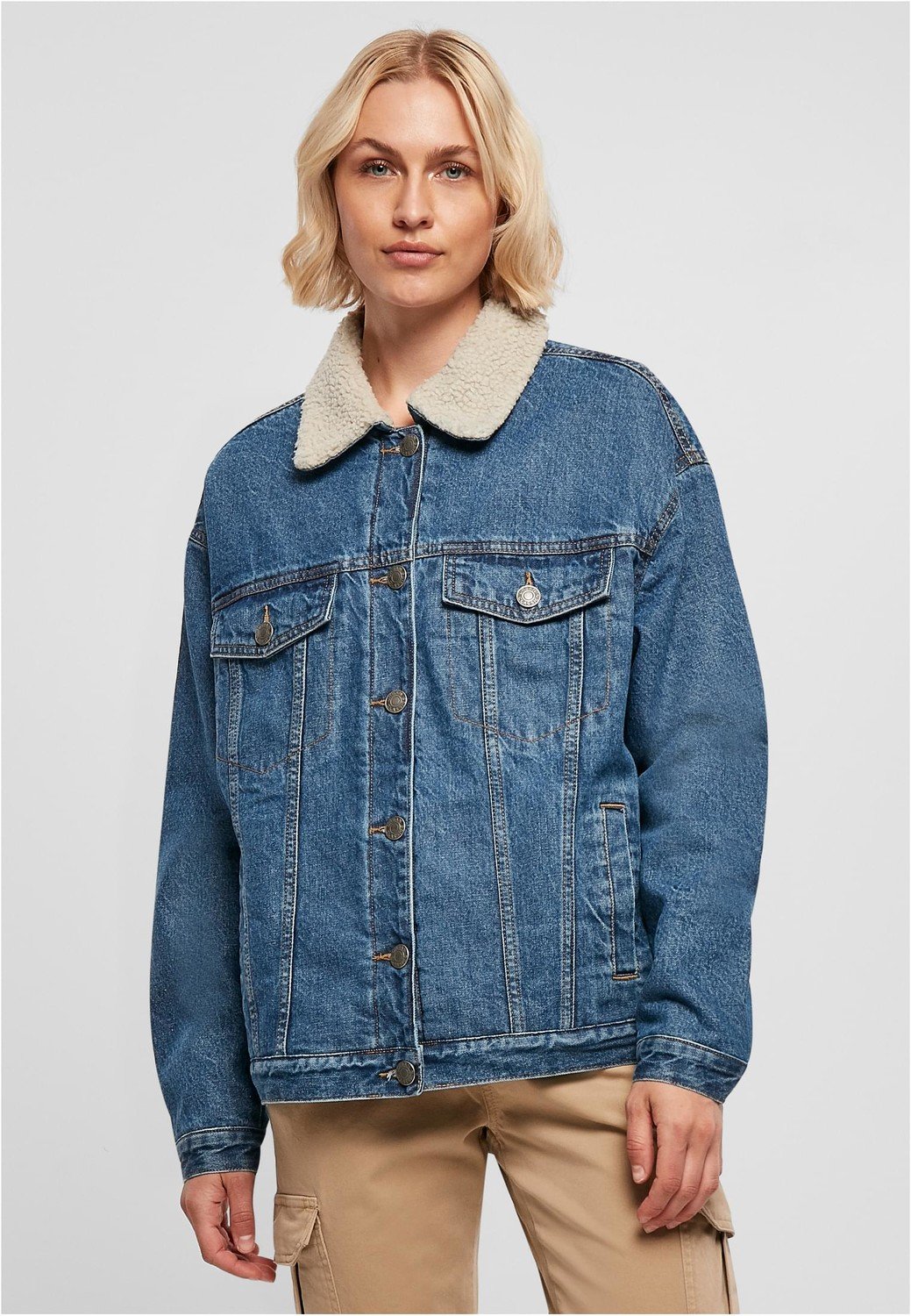 Ladies Oversized Sherpa Denim Jacket clearblue washed