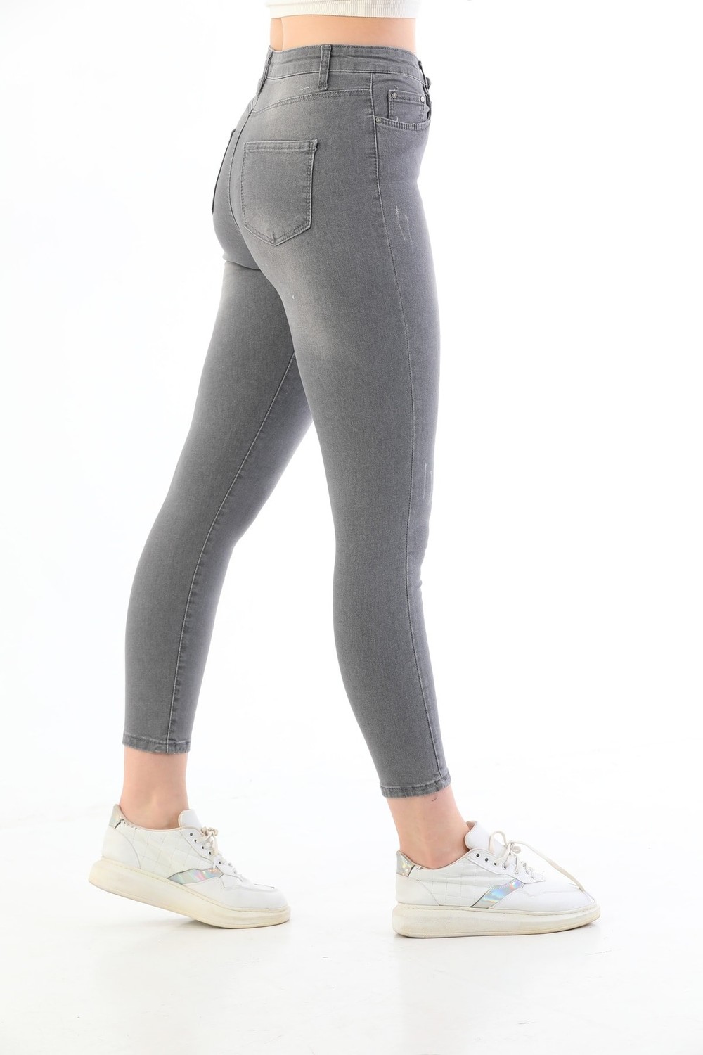 BİKELİFE Gray Nail Detail Plus Size High Waist Lycra Denim Trousers.