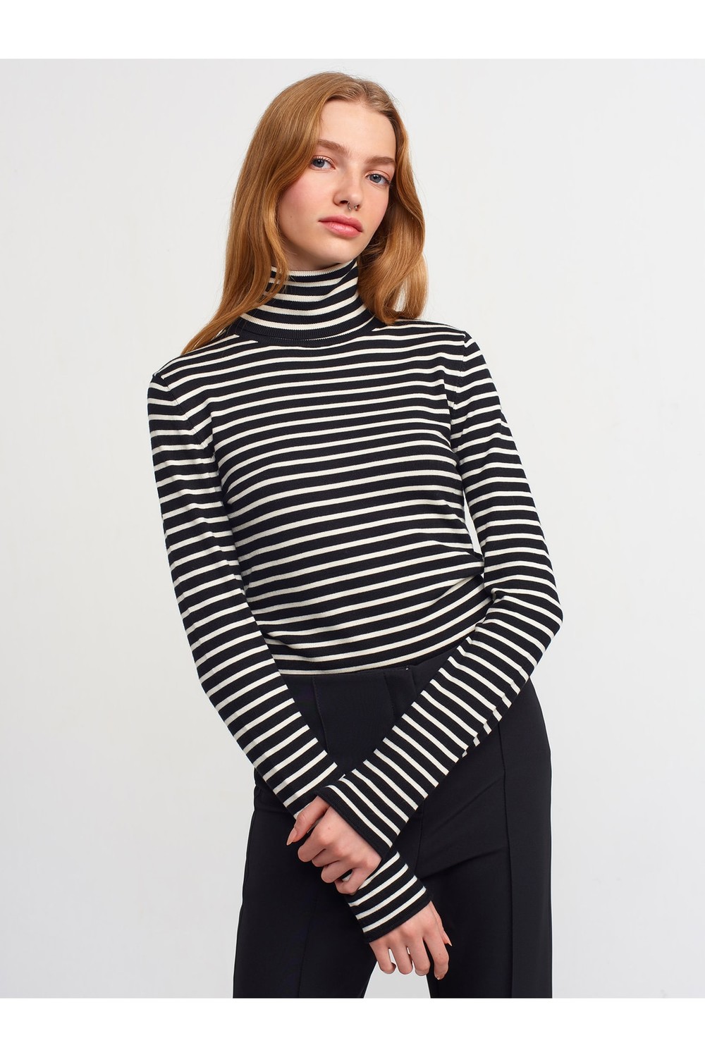 Dilvin 10302 Turtleneck Striped Sweater-black-cream