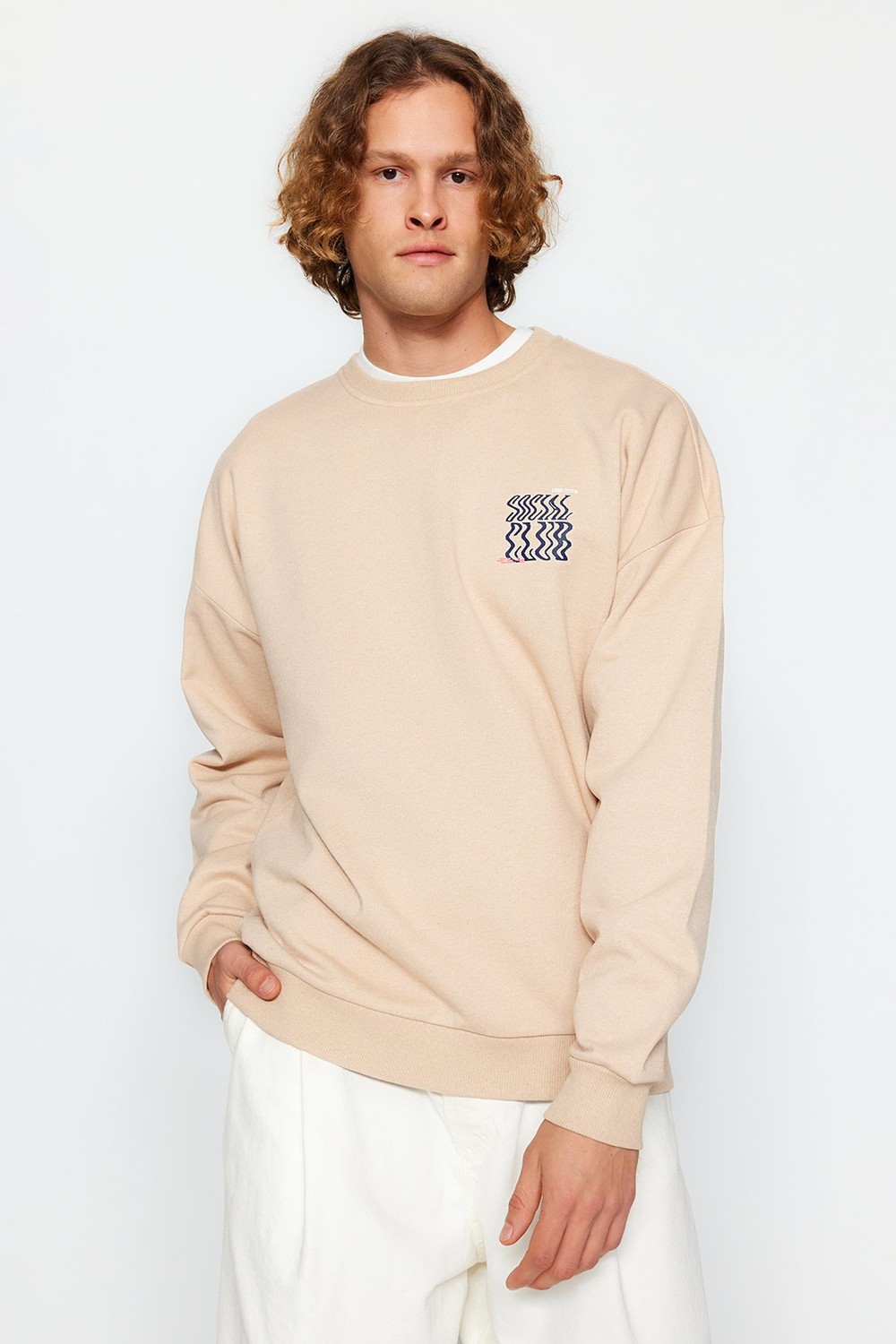 Trendyol Men's Beige More Sustainable Oversize Letter Printed Back Sweatshirt