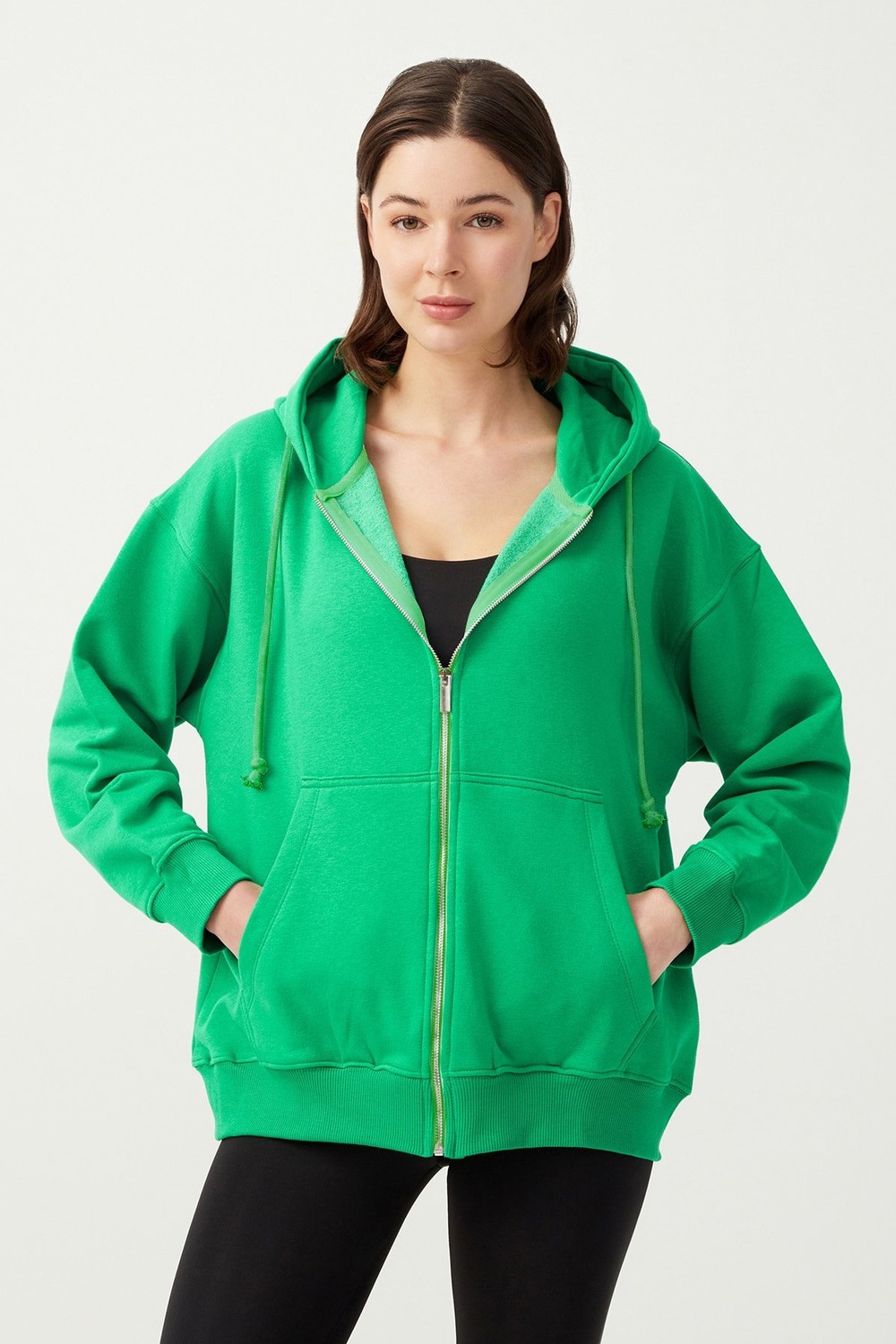 LOS OJOS Women's Green Hooded Oversize Rayon Zipper Knitted Sweatshirt.