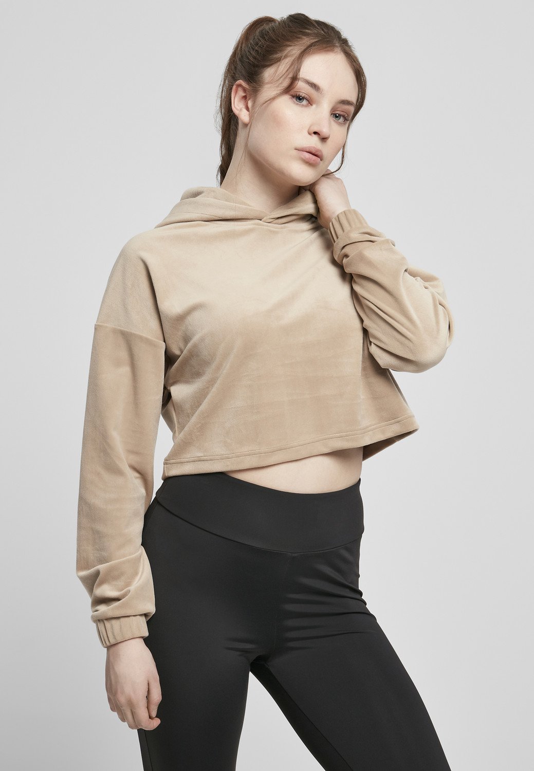 Dámská měkká taupe s kapucí s kapucí oříznutá Velvet Oversized