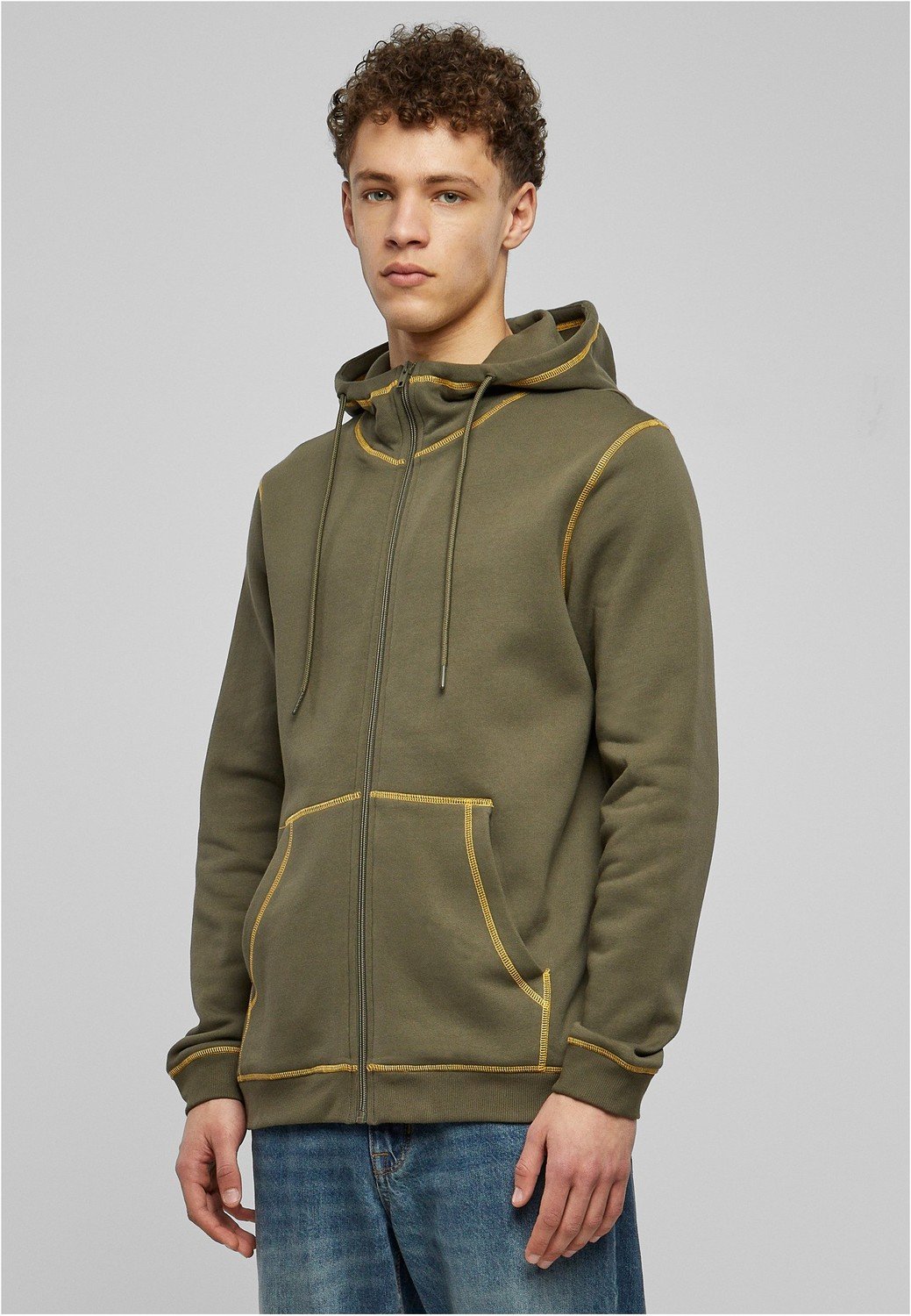 Organic Contrast Flatlock Stitched Zip Hoody olive/yellow