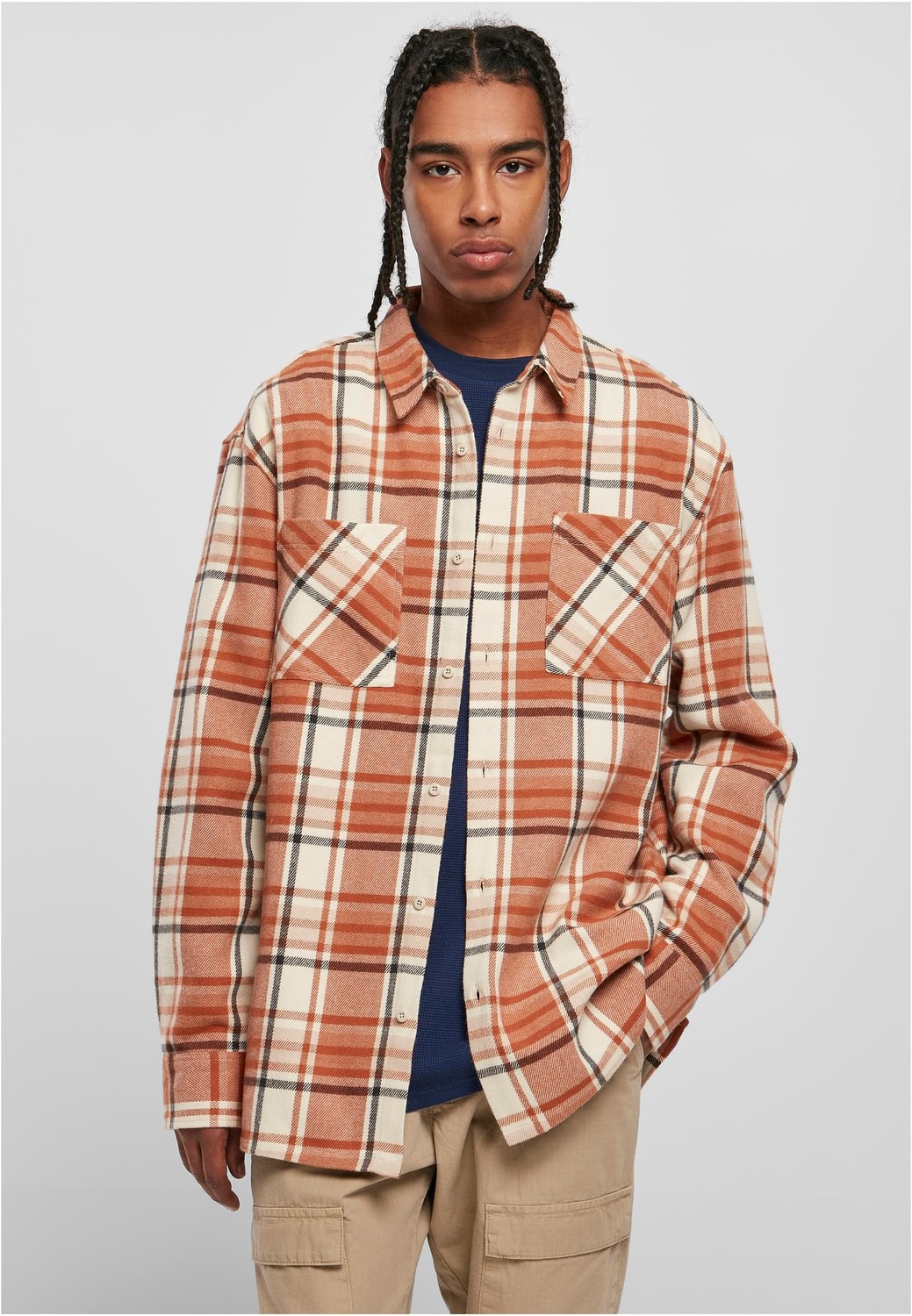 Long Oversized Checked Leaves Shirt softseagrass/red