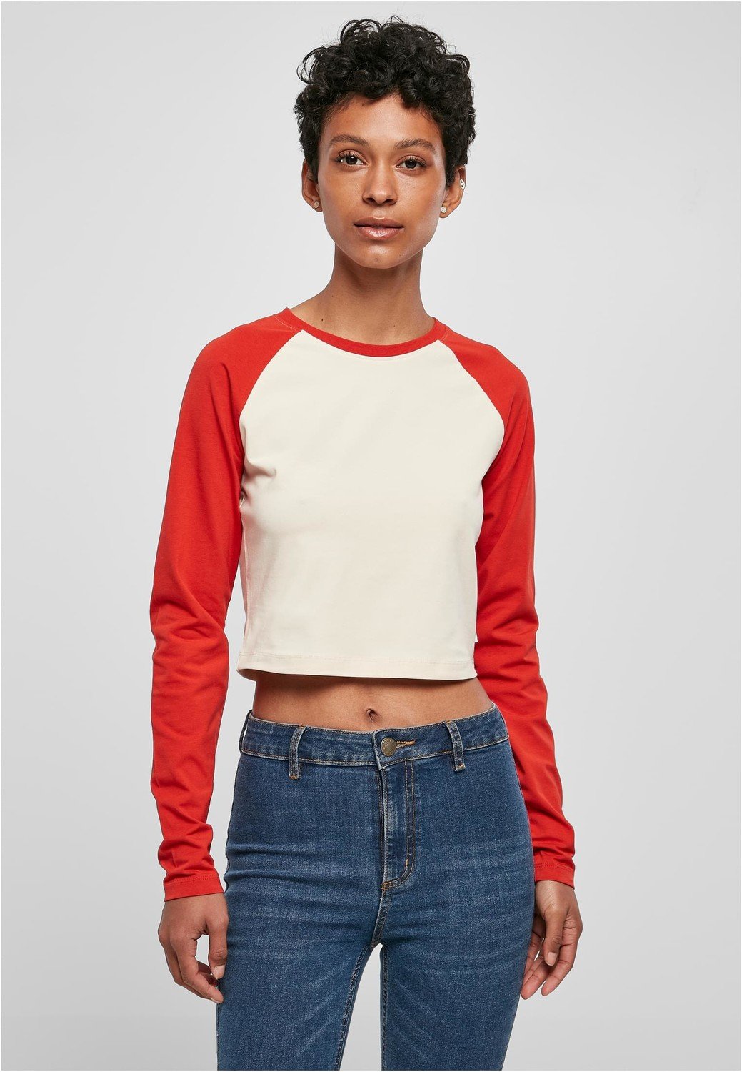 Ladies Organic Cropped Retro Baseball Longsleeve whitesand/hugered