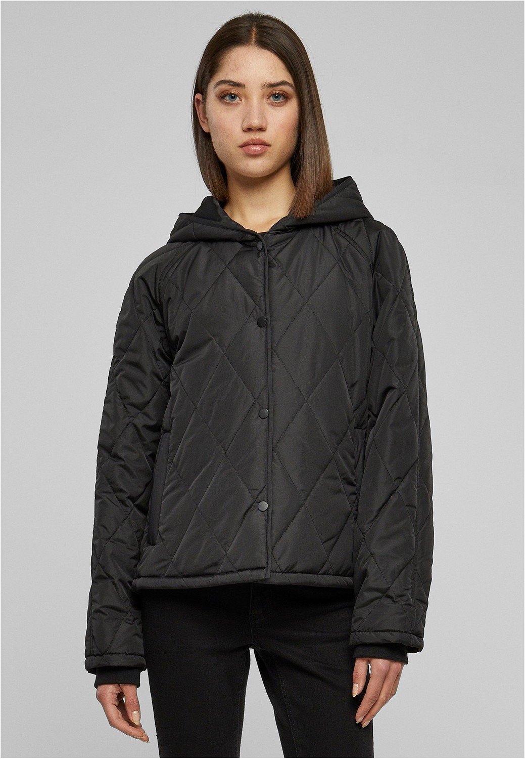 Ladies Oversized Diamond Quilted Hooded Jacket black