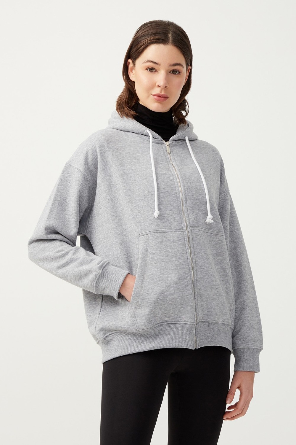 LOS OJOS Women's Melange Gray Hooded Oversized Rayon Zipper Knitted Sweatshirt.