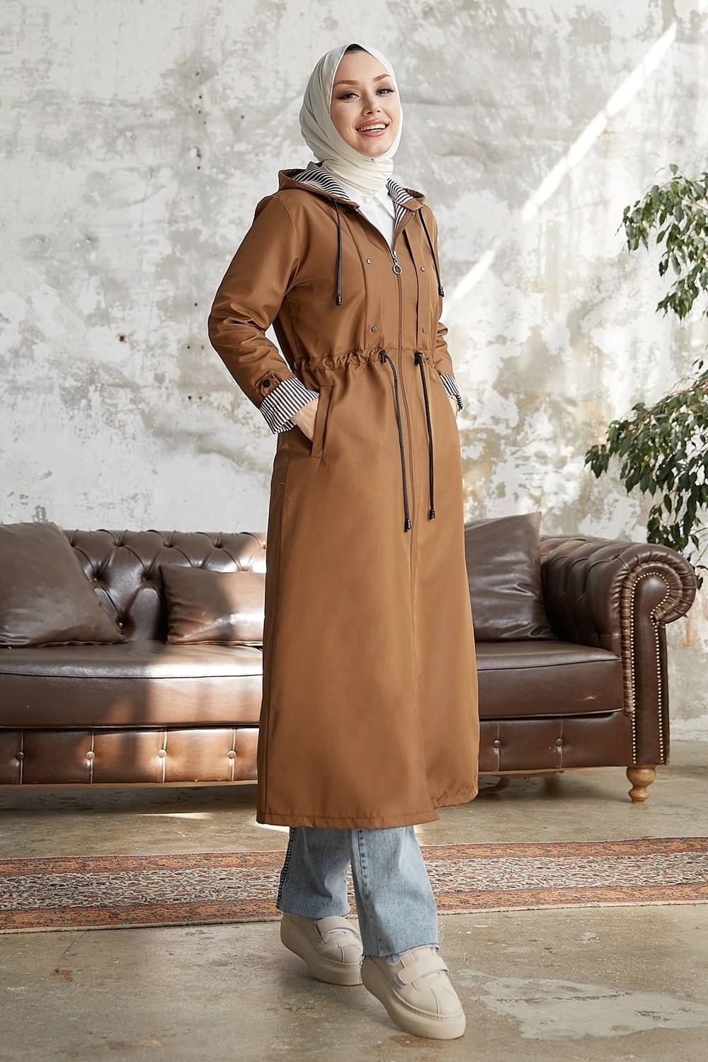 InStyle Flocked Striped Pattern Long Trench Coat - Camel
