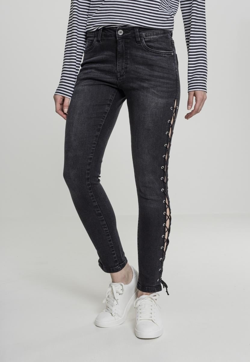 Dámské džínové kalhoty Lace Up Skinny Pants černé seprané