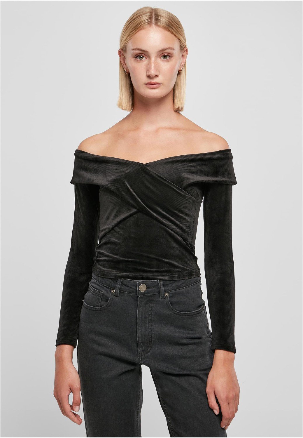 Ladies Velvet Rib Crossed Off Shoulder Longsleeve black