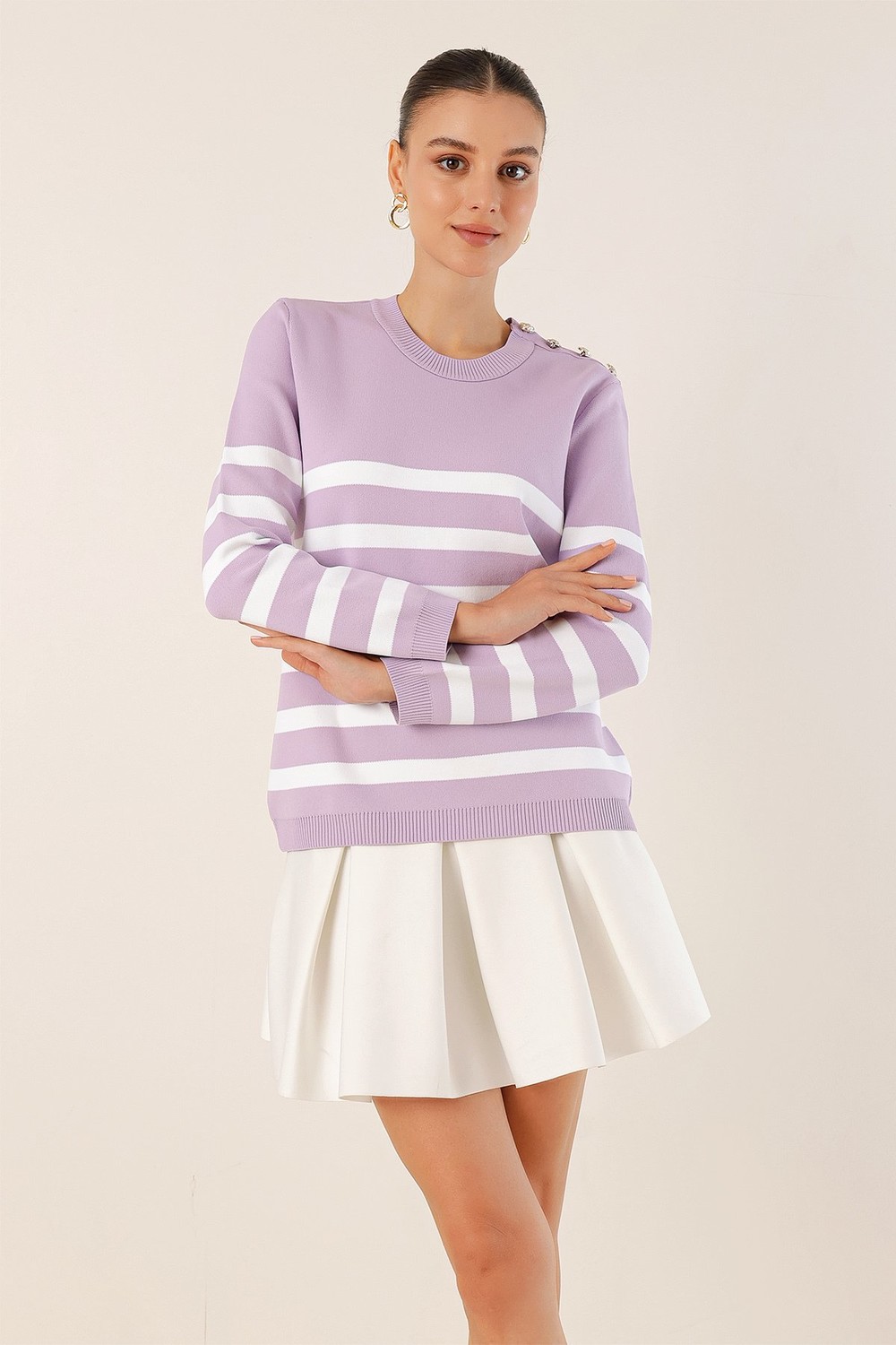 Bigdart 15820 Button Detail Striped Sweater - Lilac