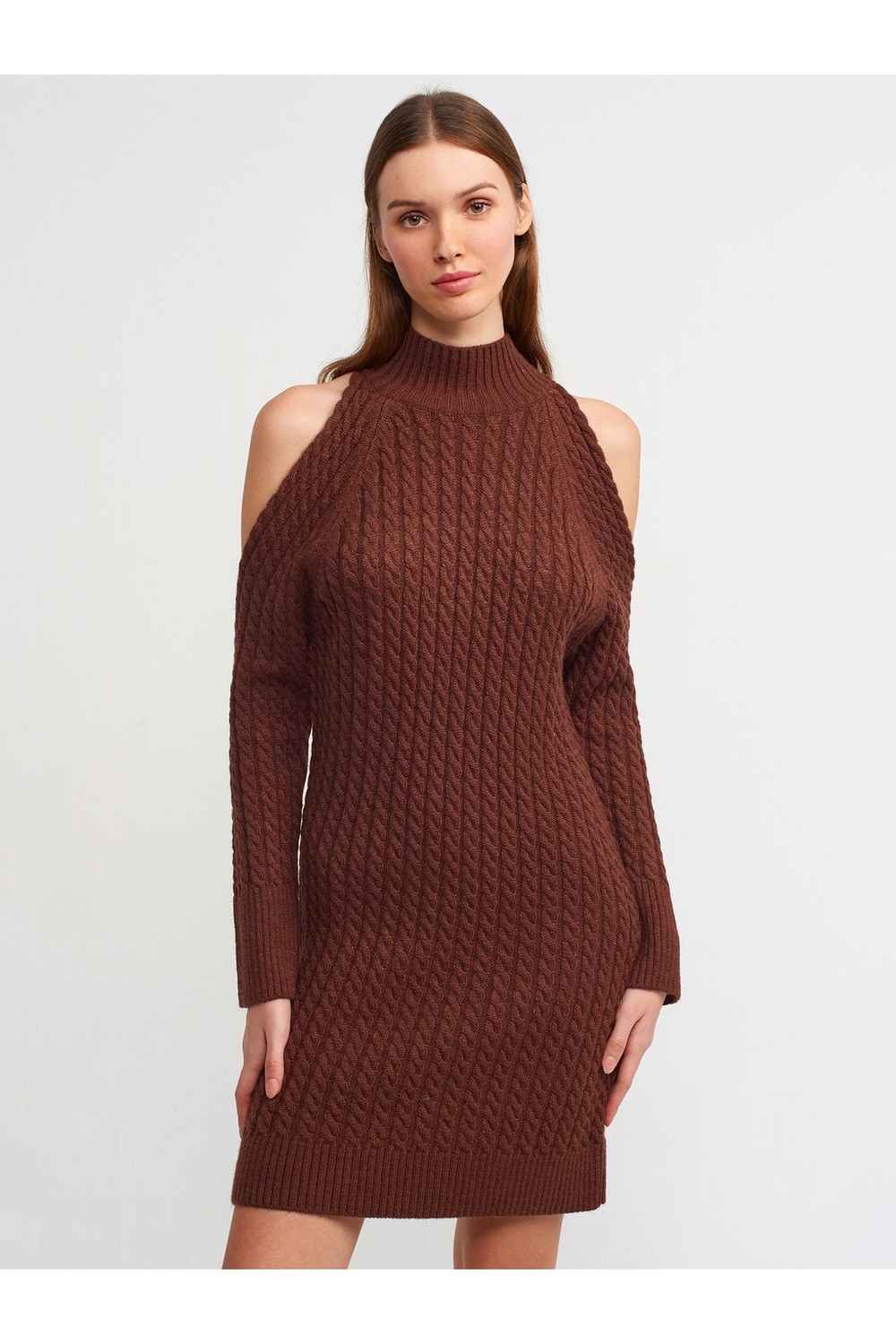 Dilvin 90131 Half Turtleneck Sweater Dress-brown with Open Shoulders.