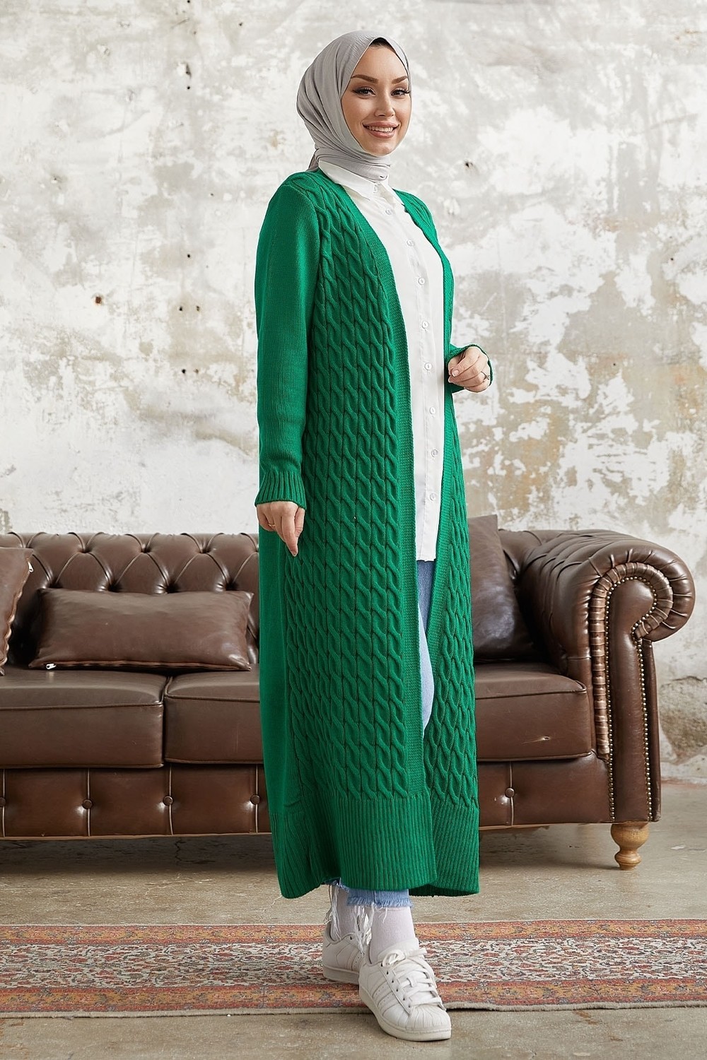 InStyle Knit Pattern Knit Long Cardigan - Green