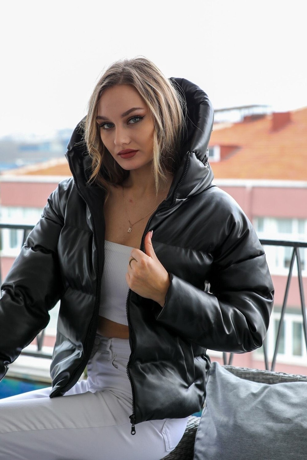 BİKELİFE Women's Black Leather Hooded Down Jacket