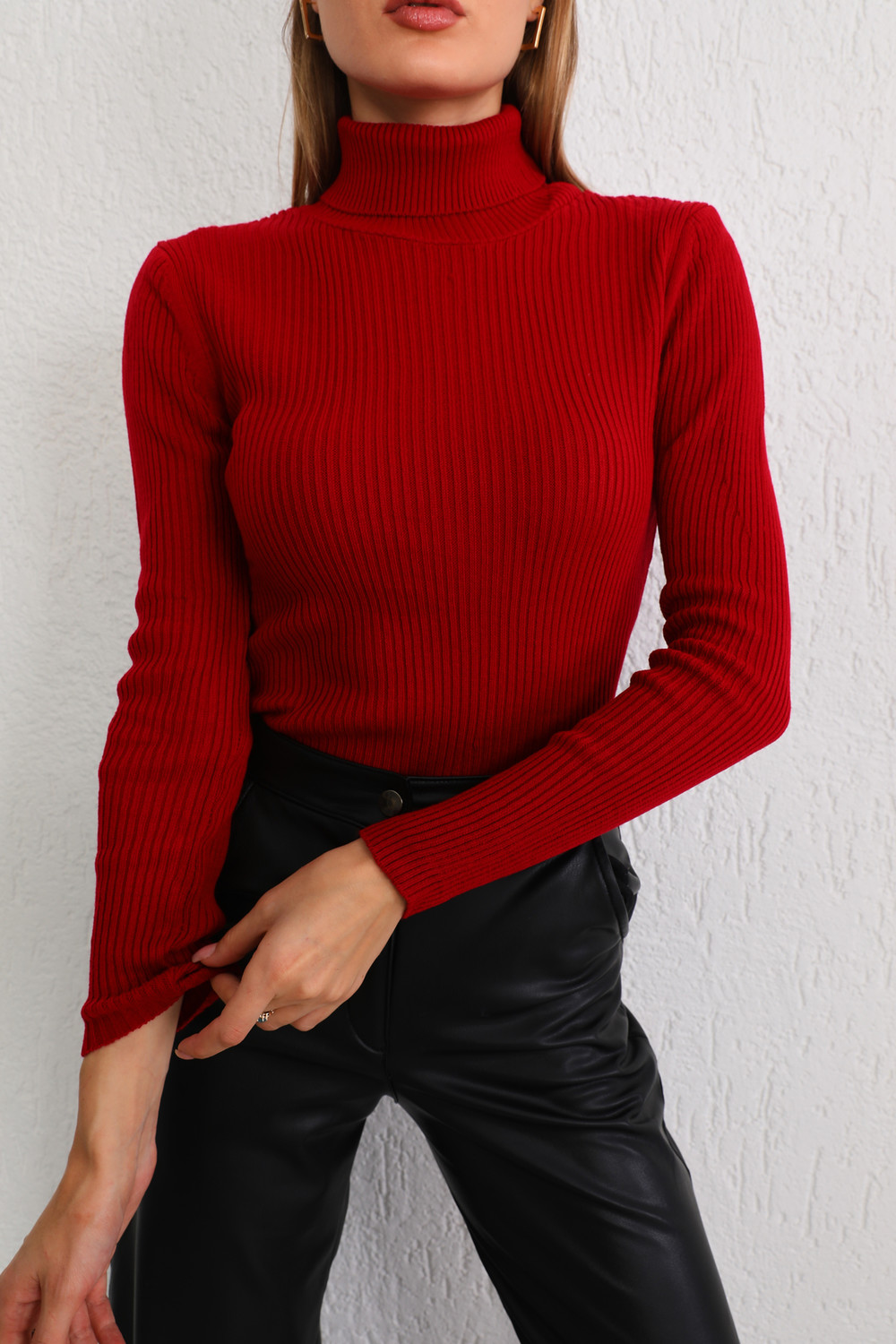 BİKELİFE Women's Red Lycra Flexible Neck Knitwear Sweater