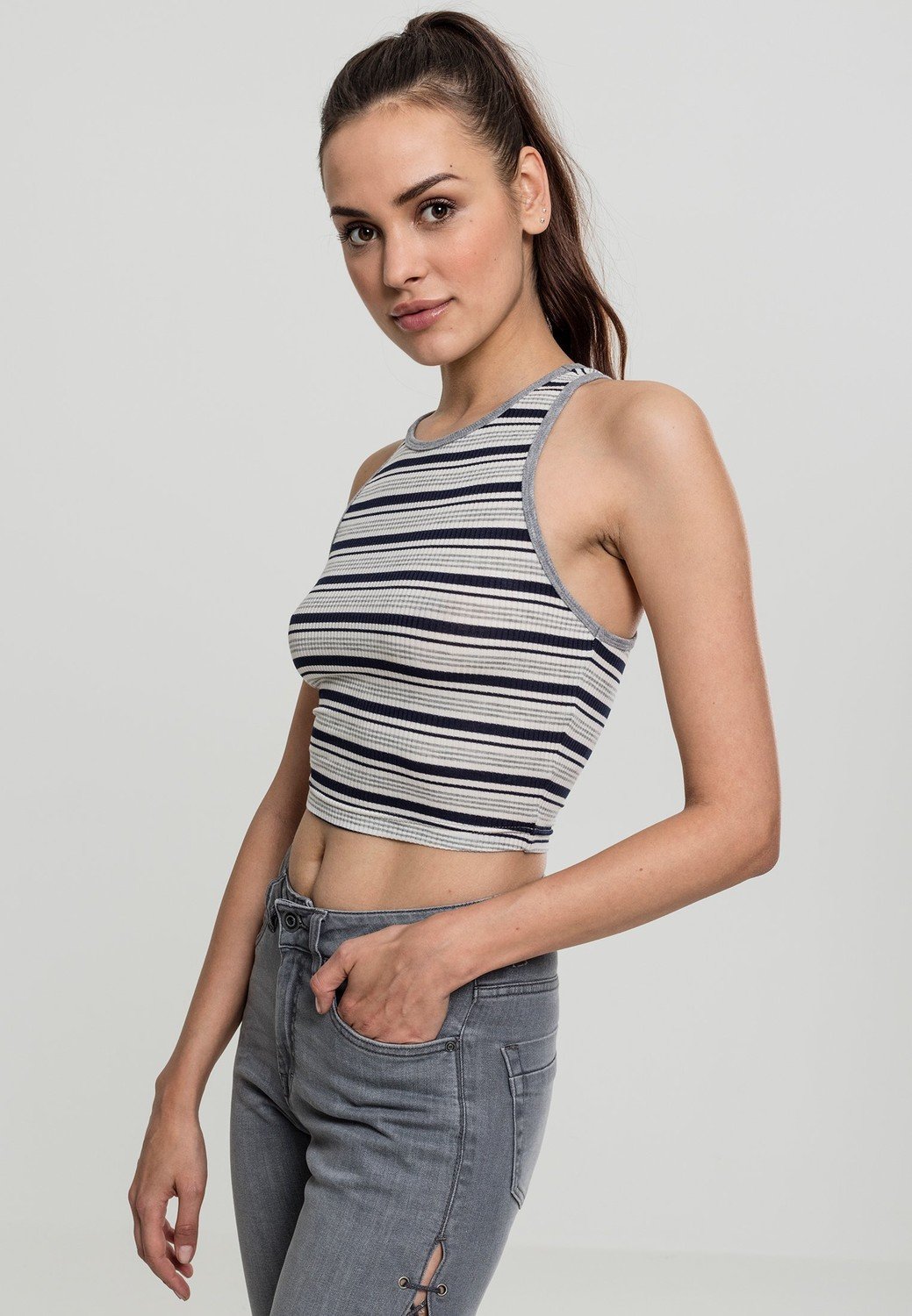 Dámské tričko Rib Stripe Cropped Top tmavě/bílá/šedá