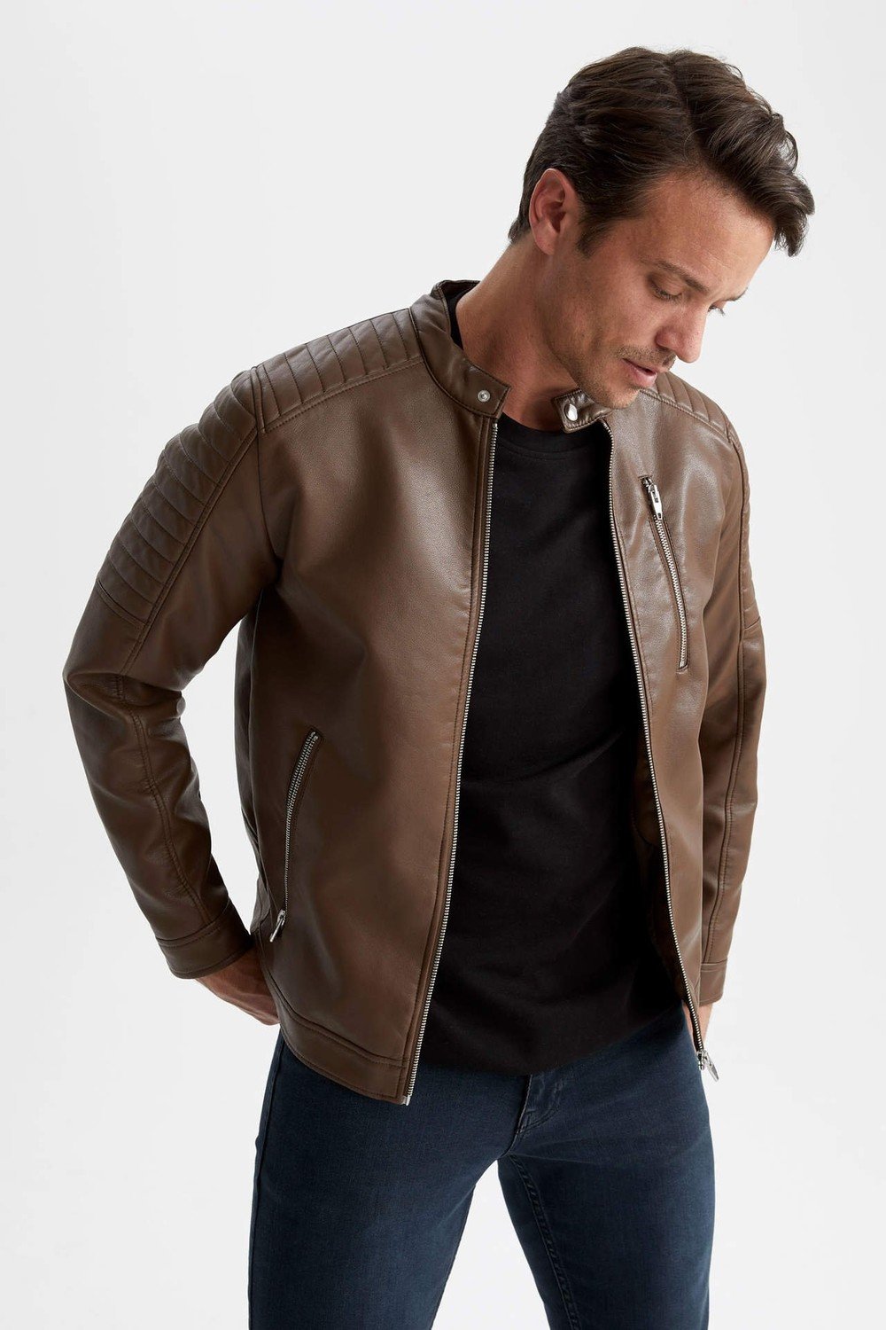 DEFACTO Slim Fit Stand Collar Jacket Faux Leather Coat