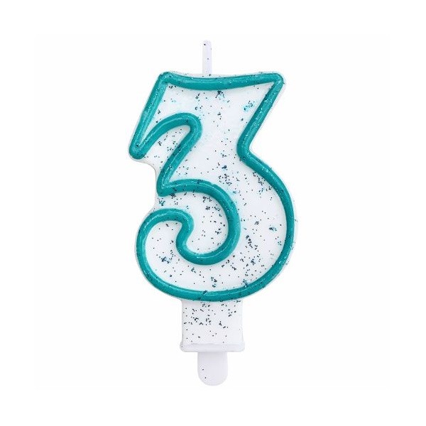 Svíčka číslo 3 modrý obrys s glitry 8 cm