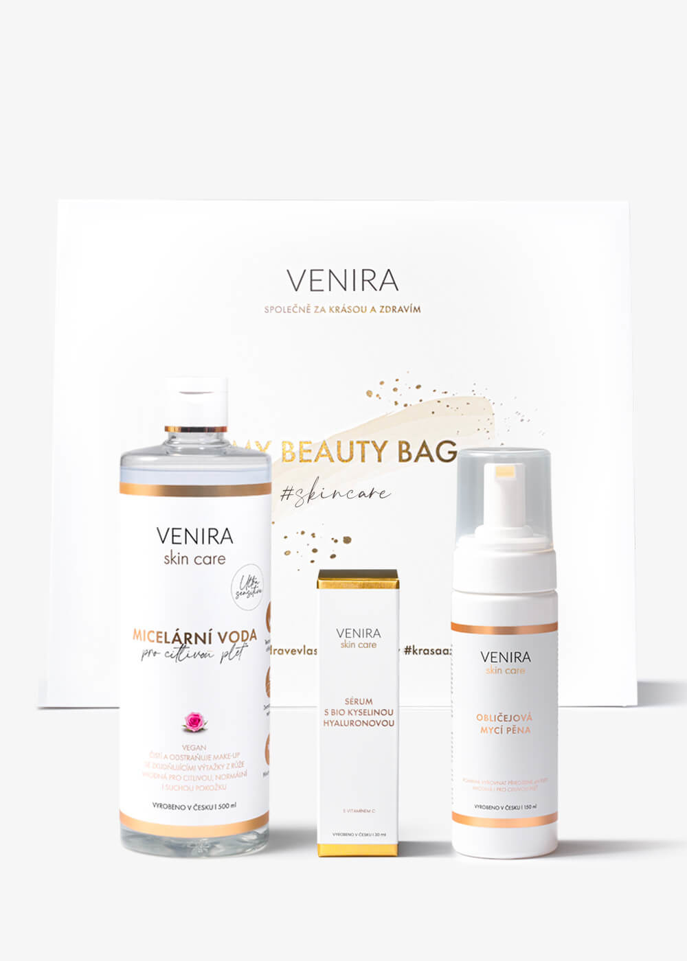 VENIRA beauty bag, dárková sada pro čištění a péči o pleť - obličejová mycí pěna, micelární voda pro citlivou pleť, sérum s bio kyselinou hyaluronovou a vitaminem c
