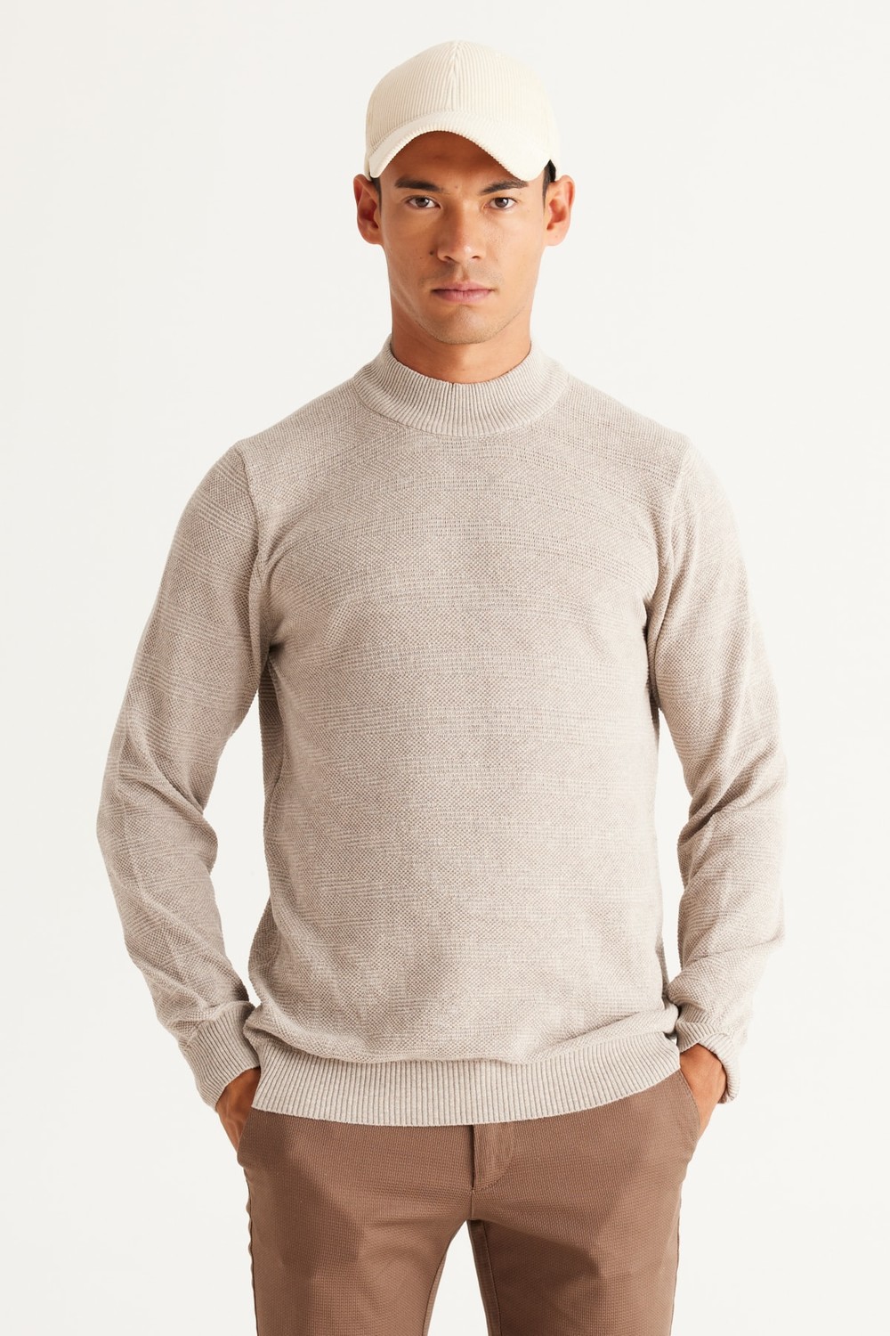 AC&Co / Altınyıldız Classics Men's Beige Melange Recycle Standard Fit Normal Cut Half Turtleneck Cotton Jacquard Knitwear Sweater.