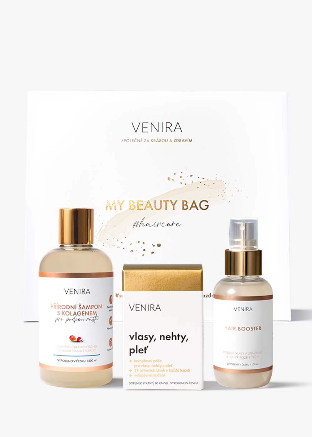 VENIRA beauty bag, dárková sada pro podporu růstu vlasů - kapsle pro vlasy, šampon s kolagenem pro podporu růstu, hair booster