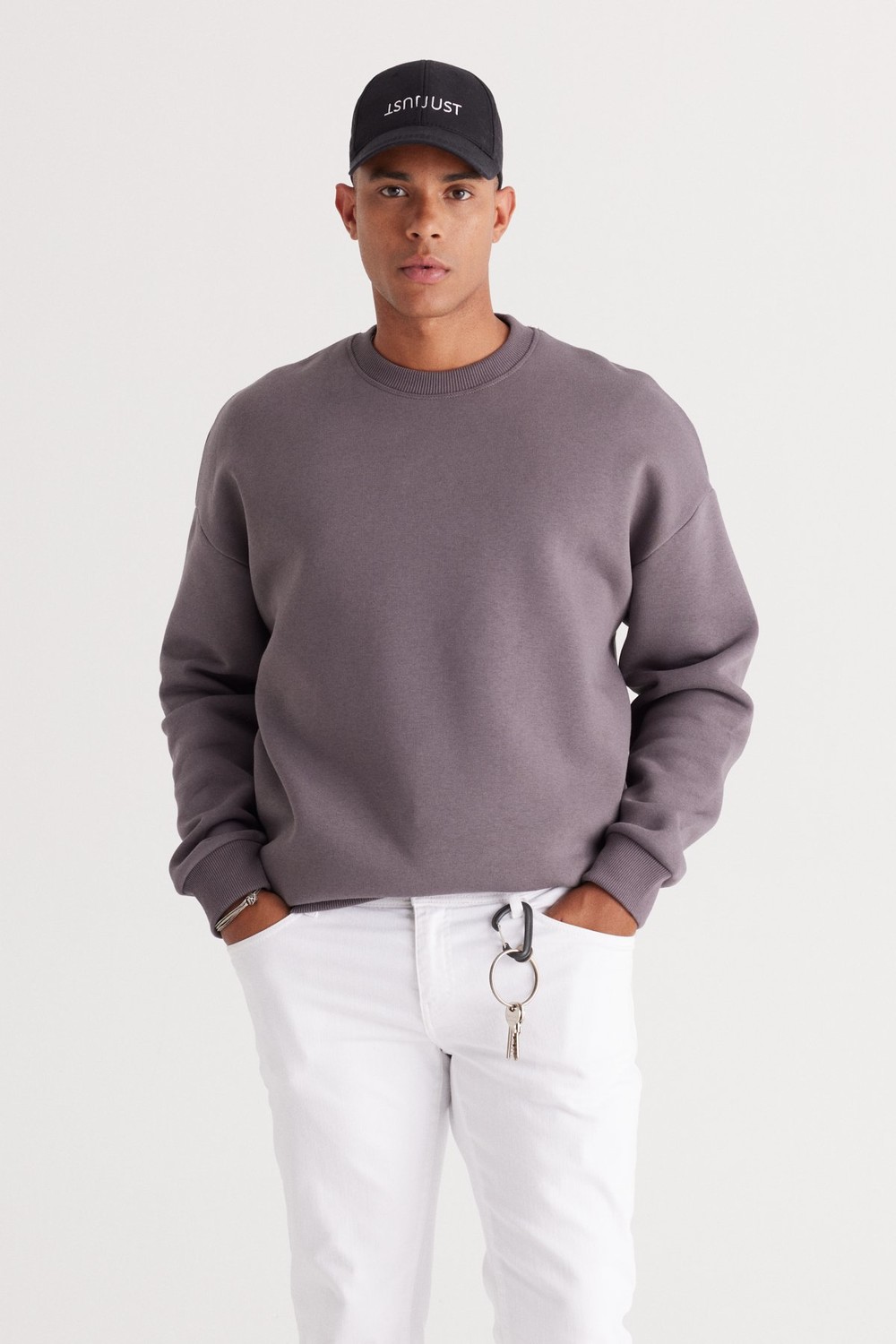 AC&Co / Altınyıldız Classics Men's Dark Gray Oversize Fit Loose Fit Cotton Fleece 3 Thread Crew Neck Sweatshirt