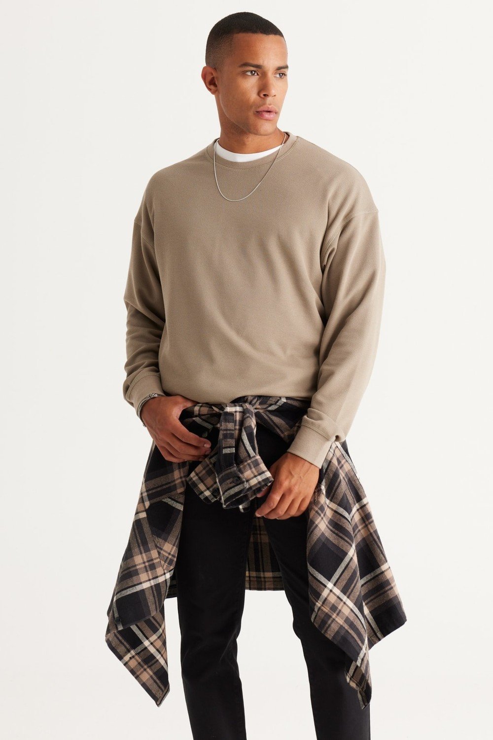 AC&Co / Altınyıldız Classics Men's Open Khaki Loose Fit Fleece Inside 3 Thread Crew Neck Jacquard Sweatshirt