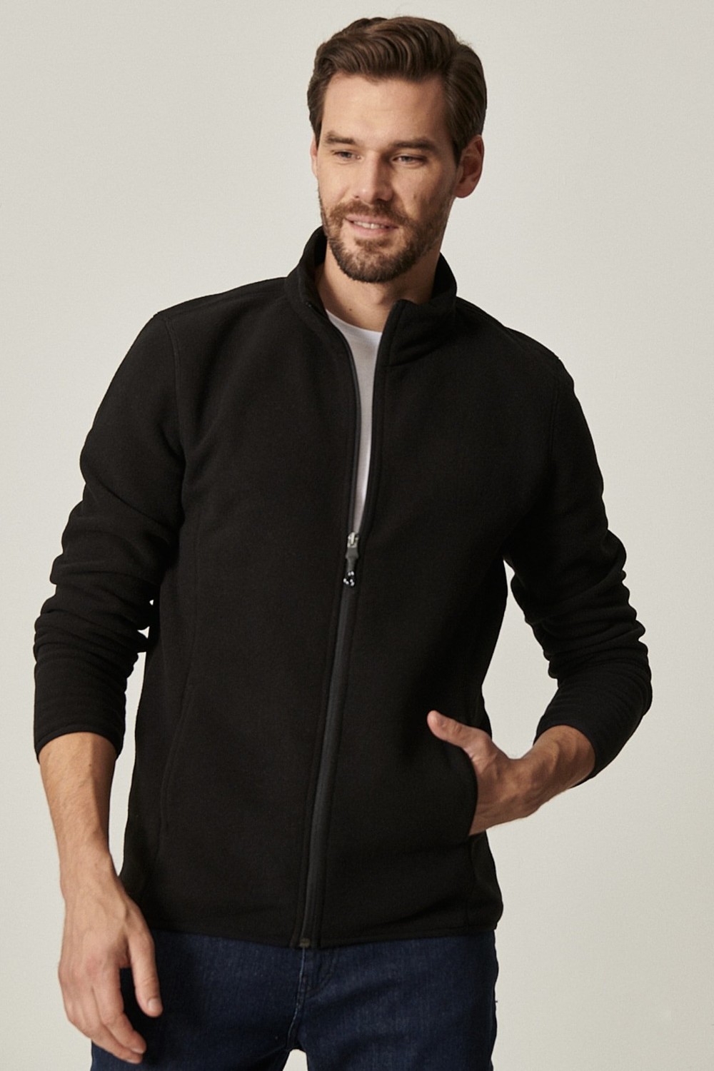 AC&Co / Altınyıldız Classics Men's Black Anti-pilling Anti-Pilling Standard Fit Bato Collar Sweatshirt Fleece Jacket.